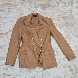 Express Tan Leather Double-Breasted Blazer with Gold Buttons